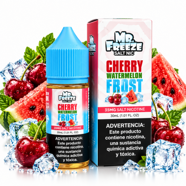 Mr. Freeze Cherry Watermelon Frost 30ml NicSalt – frasco e caixa com cerejas, melancia e cubos de gelo