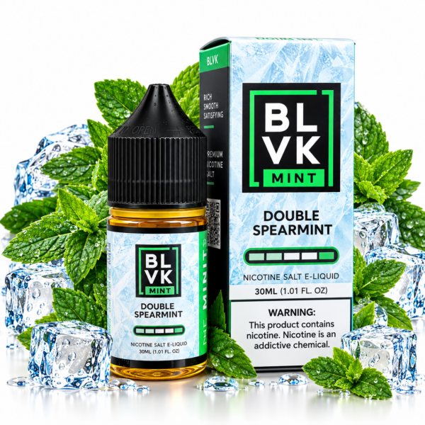 BLVK Mint Double Spearmint 30ml NicSalt – frasco e caixa com folhas de hortelã-verde e cubos de gelo sobre fundo branco