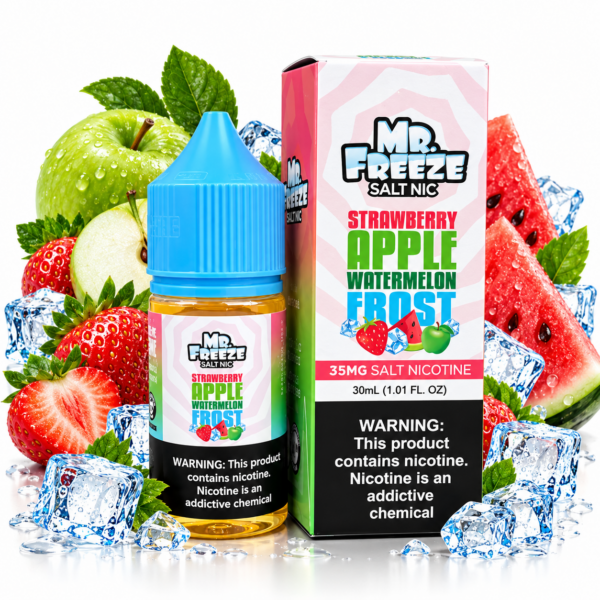 Mr. Freeze Strawberry Apple Watermelon Frost 30ml NicSalt – frasco e caixa com morangos, maçãs, melancia e gelo