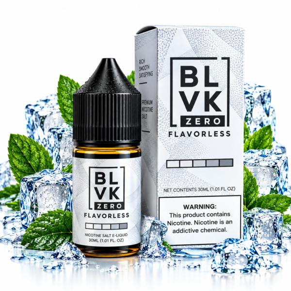 BLVK Zero Flavorless Sem Sabor 30ml NicSalt – frasco e caixa branca e cinza com cubos de gelo sobre fundo branco
