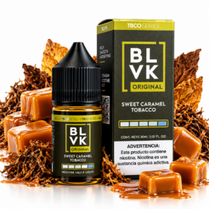 BLVK Original Sweet Caramel Tobacco 30ml NicSalt – frasco e caixa preta com detalhes dourados, caramelos e folhas de tabaco sobre fundo branco