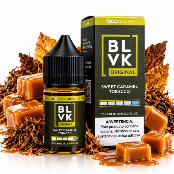 BLVK Original Sweet Caramel Tobacco 30ml NicSalt – frasco e caixa preta com detalhes dourados, caramelos e folhas de tabaco sobre fundo branco