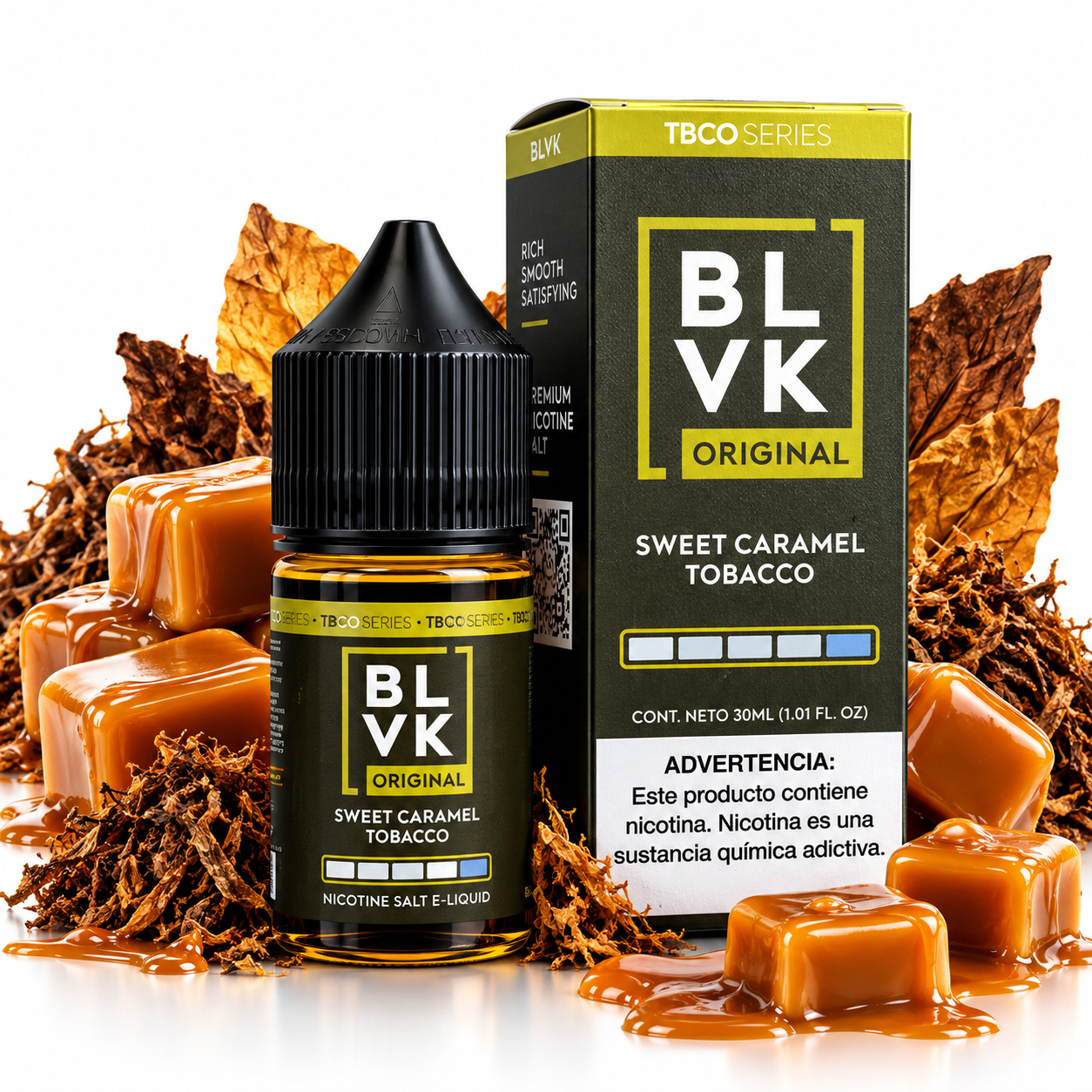 BLVK Original Sweet Caramel Tobacco 30ml NicSalt – frasco e caixa preta com detalhes dourados, caramelos e folhas de tabaco sobre fundo branco