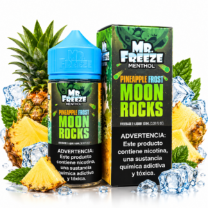 Mr. Freeze Pineapple Frost Moon Rocks 100ml Freebase – frasco e caixa com abacaxi tropical e cubos de gelo