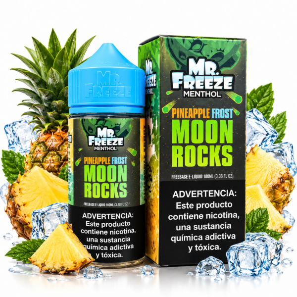 Mr. Freeze Pineapple Frost Moon Rocks 100ml Freebase – frasco e caixa com abacaxi tropical e cubos de gelo