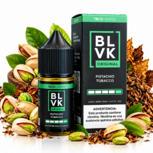 BLVK Original Pistachio Tobacco 30ml NicSalt – frasco e caixa preta com detalhes verdes, pistaches e folhas de tabaco sobre fundo branco