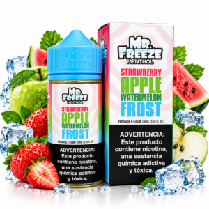 Mr. Freeze Strawberry Apple Watermelon Frost 100ml Freebase – frasco e caixa com morangos, maçãs, melancia e gelo