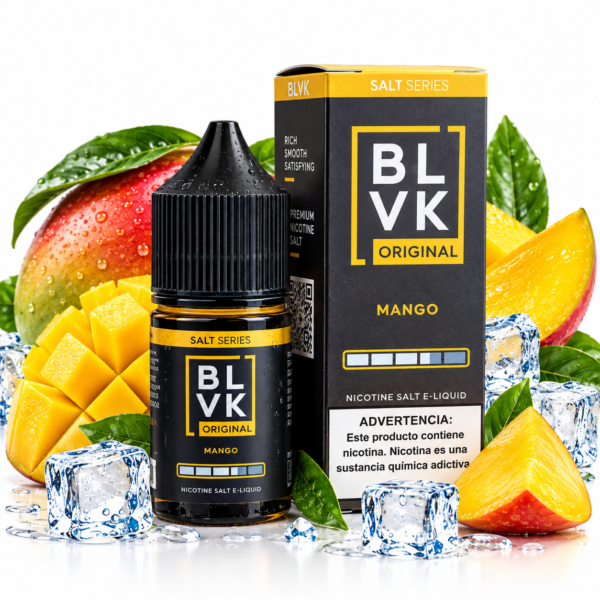 BLVK Original Mango 30ml NicSalt – frasco e caixa preta com detalhes dourados, mangas maduras e cubos de gelo sobre fundo branco