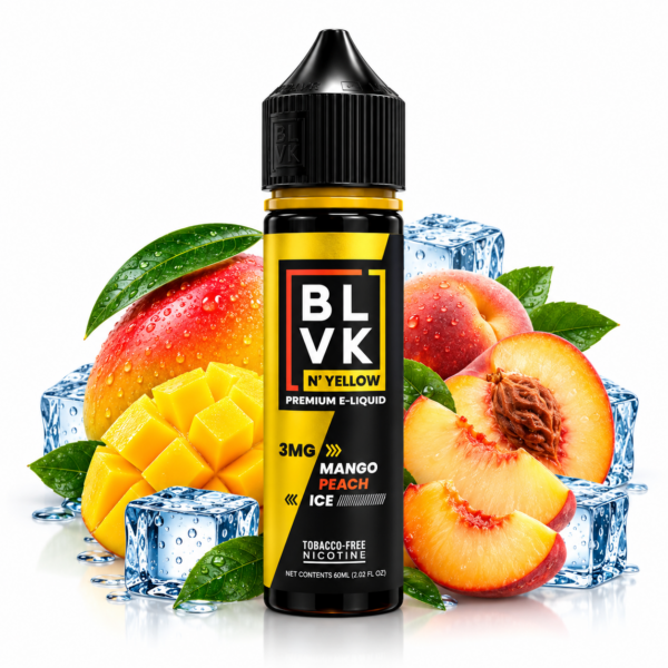 BLVK Mango Peach 60ml Yellow Freebase – frasco de líquido sabor manga e pêssego