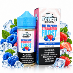 Mr. Freeze Blue Raspberry Strawberry Frost 100ml Freebase – frasco e caixa com framboesas azuis, morangos e gelo