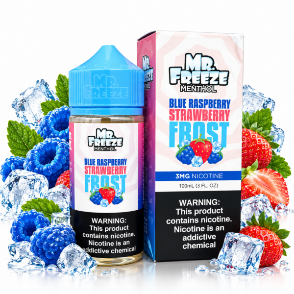 Mr. Freeze Blue Raspberry Strawberry Frost 100ml Freebase – frasco e caixa com framboesas azuis, morangos e gelo