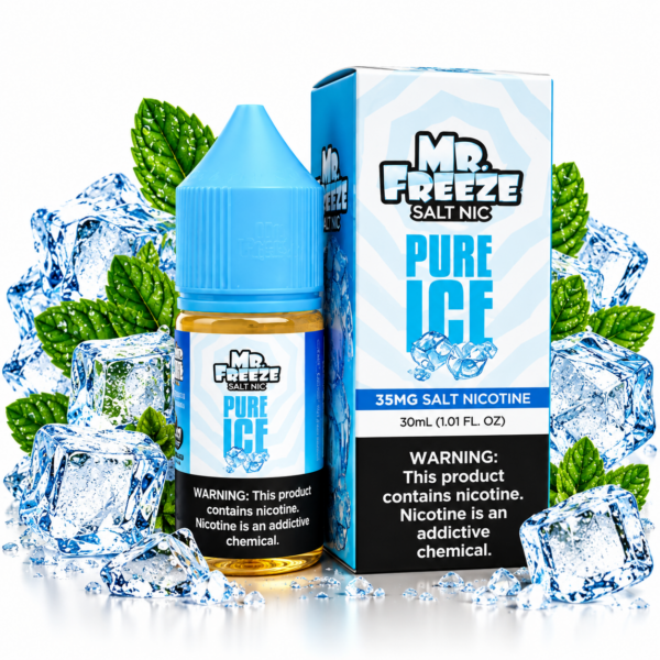 Mr. Freeze Pure Ice 30ml NicSalt – frasco e caixa azul e branca com cubos de gelo e folhas verdes sobre fundo branco