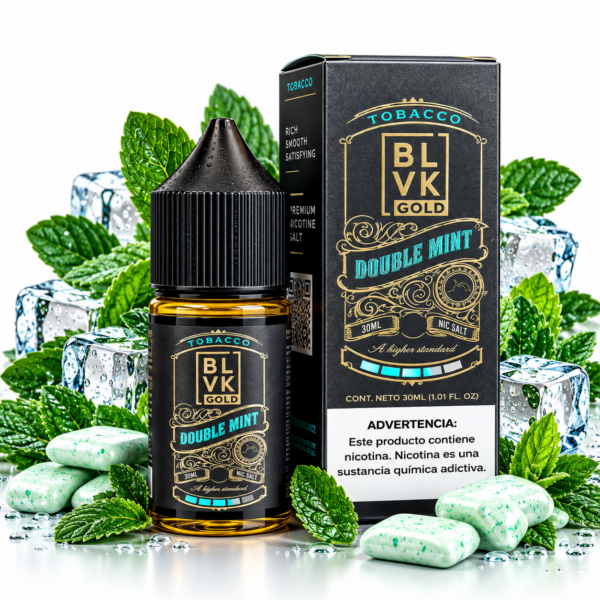 BLVK Gold Double Mint 30ml NicSalt – frasco e caixa azul-marinho com detalhes dourados, folhas de menta e cubos de gelo sobre fundo branco