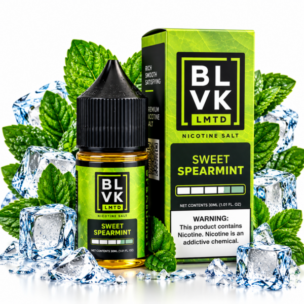 BLVK LMTD Sweet Spearmint 30ml NicSalt – frasco e caixa verde vibrante com folhas de hortelã-verde e cubos de gelo sobre fundo branco