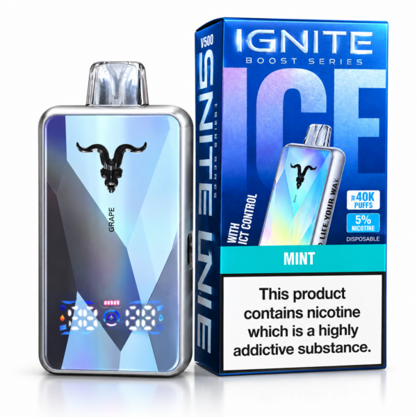 Ignite V400 Icy Control 40000 Puffs – dispositivo descartável com painel digital e embalagem Ignite Boost Series sobre fundo branco